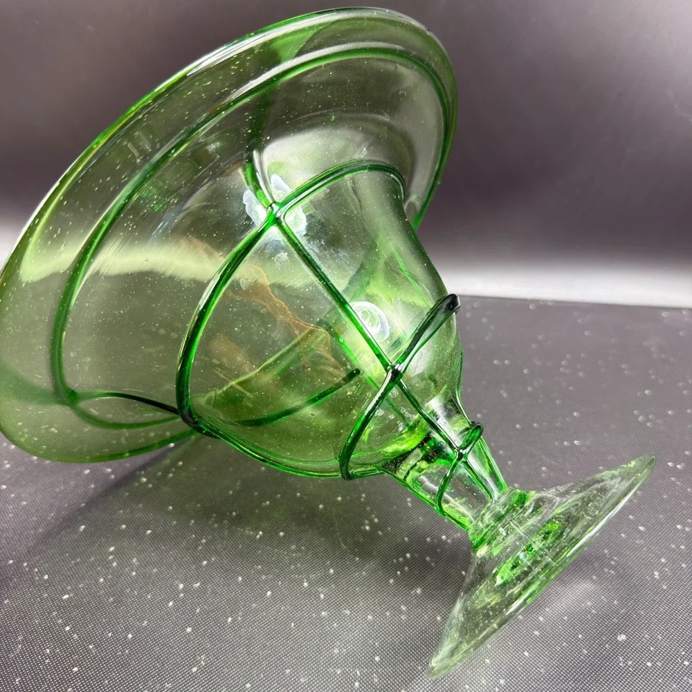 Aromatique Green Swirl Glass Bowl Mouth Blown 6x8 Made in USA Footed Centerpiece